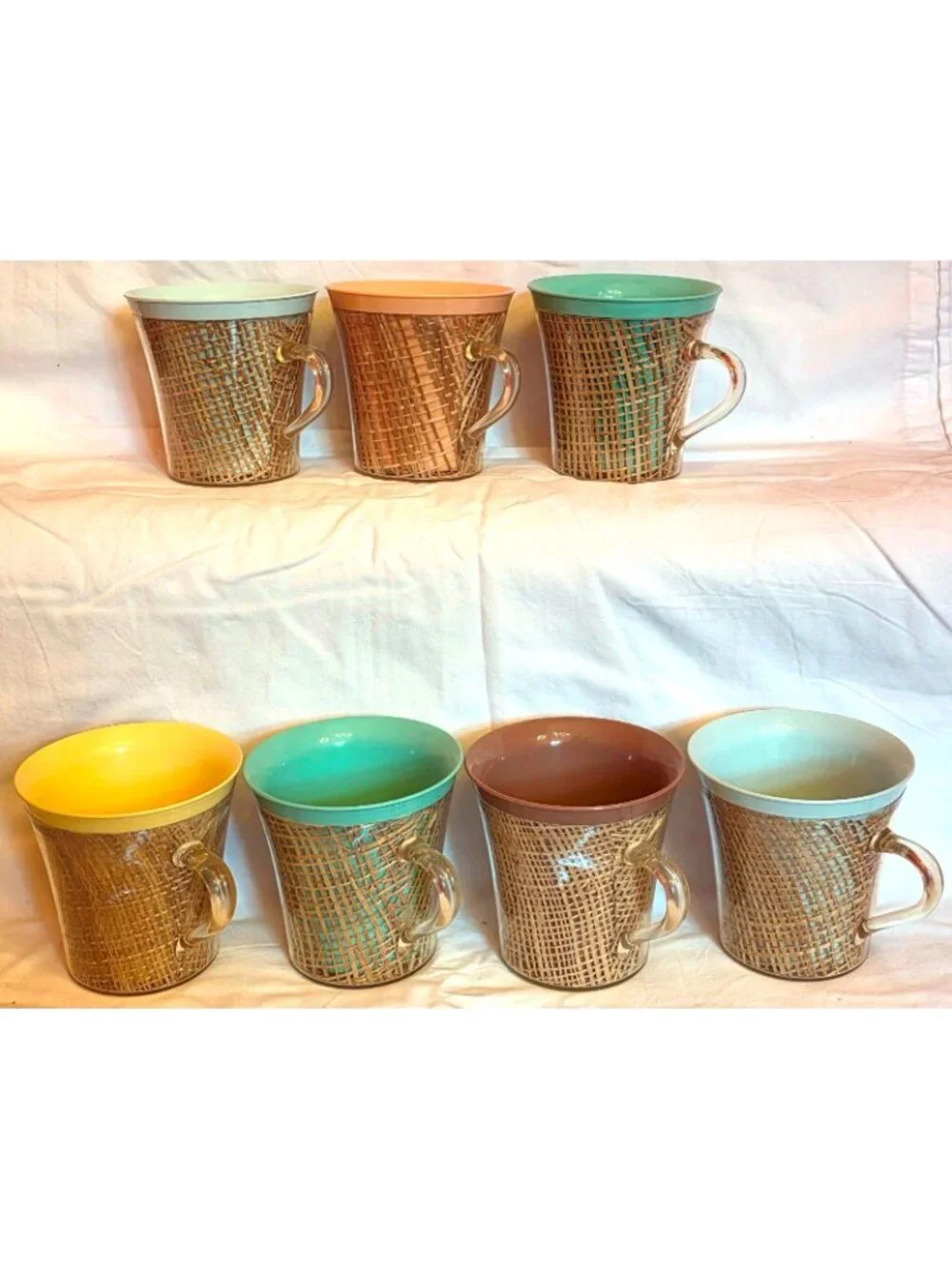 Raffia Ware 7 flared Coffee Cups burlap woven straw pastel mugs Vintage MCM tiki